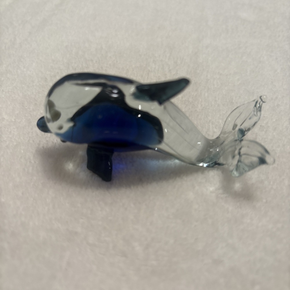 Hand Blown Glass Dolphin Figurine Blue & Clear Art Glass Coastal Decor 3 Inch